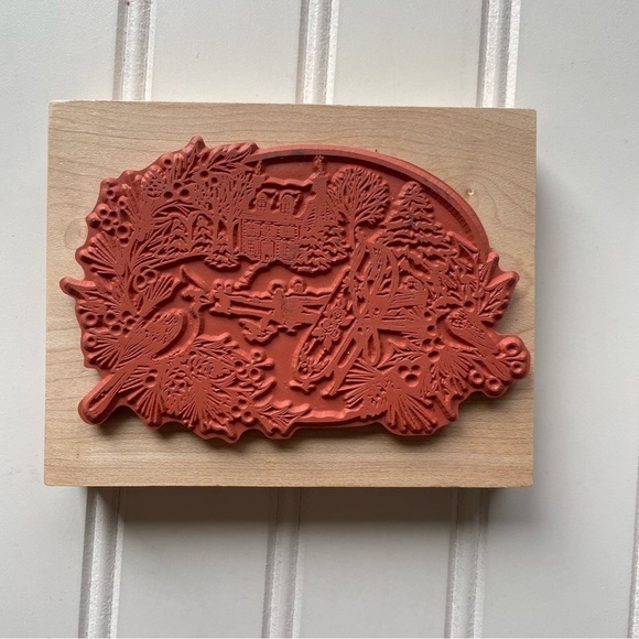 Vintage PSX Rubber Stamp K-2431 Winter Christmas Scene Oval Birds Sleigh House - Picture 2 of 6